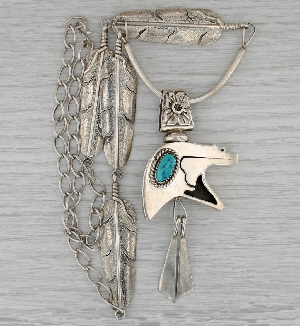Jeff Jackson Navajo Native American Bear Necklace Turquoise Sterling Silver 25"