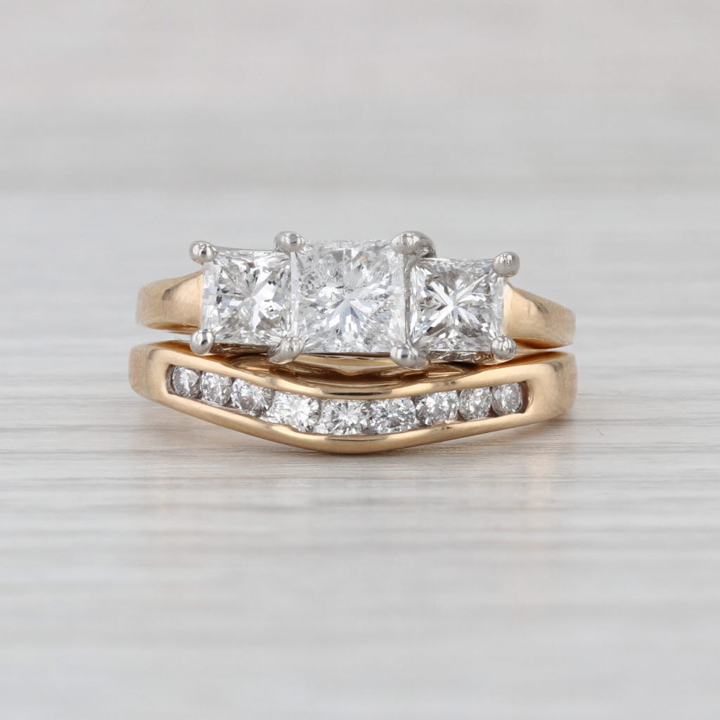 1.86ctw Diamond 3-Stone Engagement Ring Wedding Band Bridal Set 14k Yellow Gold