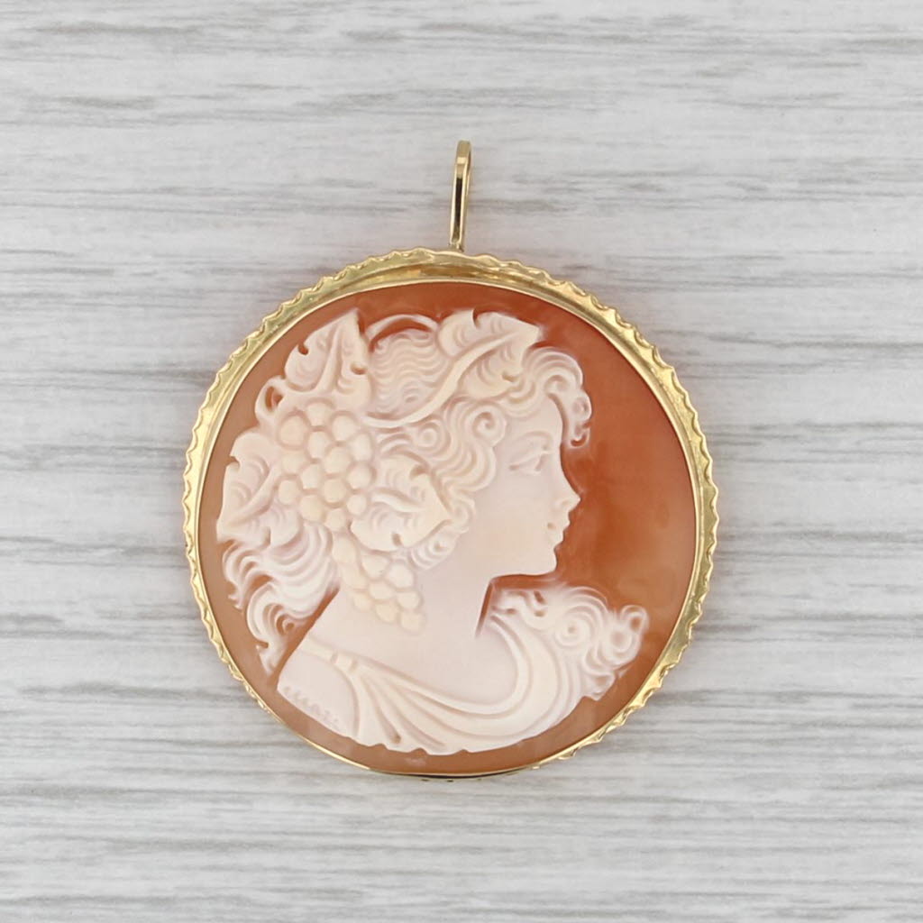 Carved Shell Cameo Brooch Pendant 18k Yellow Gold Vintage Italian