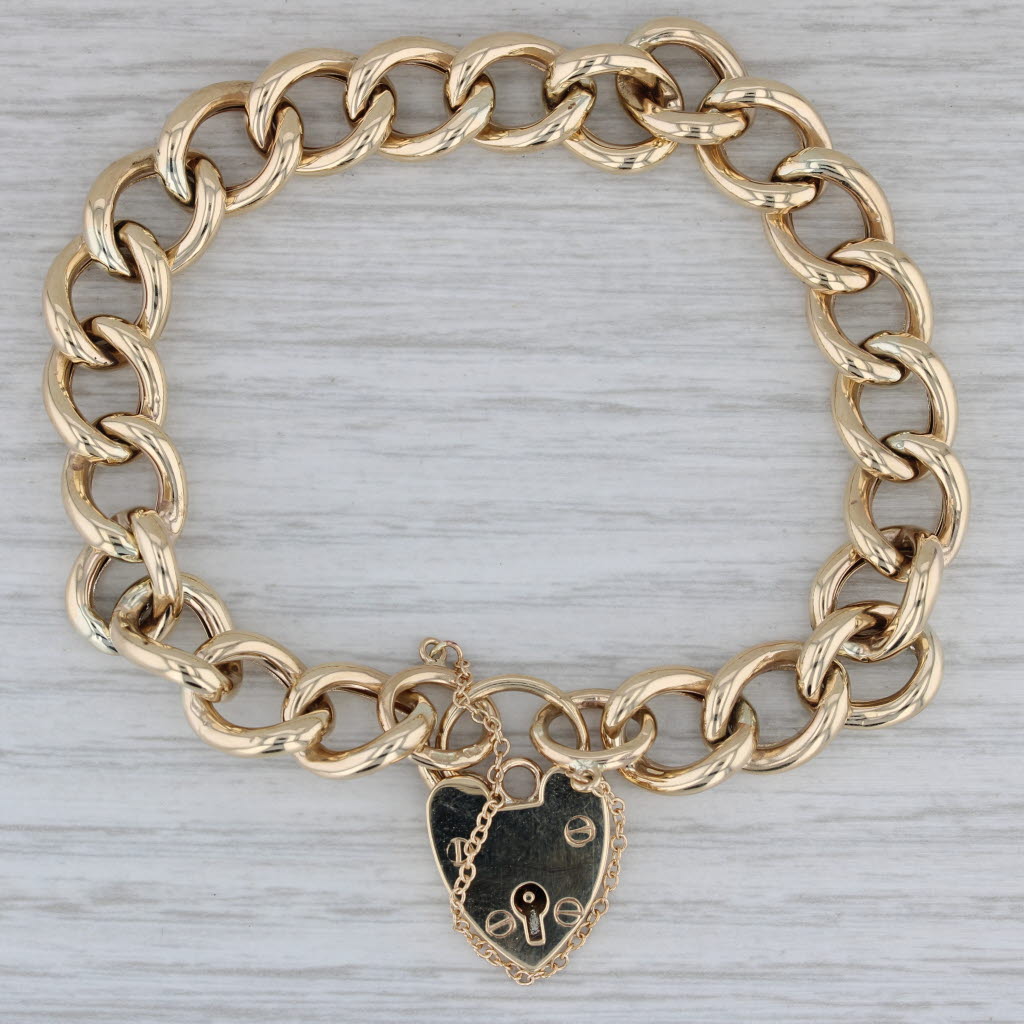 Gray Heart Padlock Charm Curb Chain Bracelet 9k Yellow Gold 7.5"