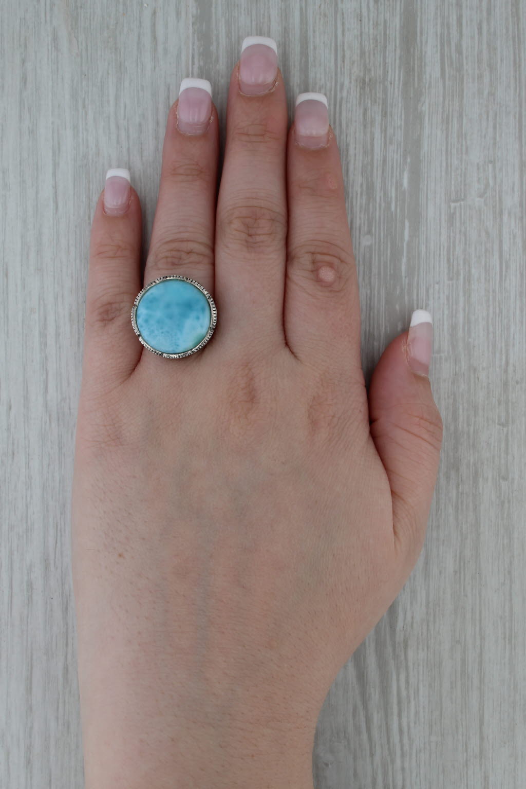 Marbled Blue Larimar Ornate Statement Ring Sterling Silver Size 6 Signed