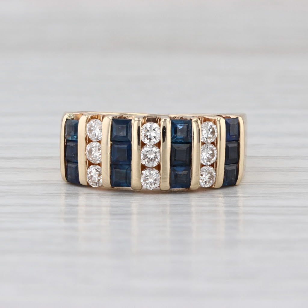 1.33ctw Blue Sapphire Diamond Rows Ring 14k Yellow Gold Size 5.75-6