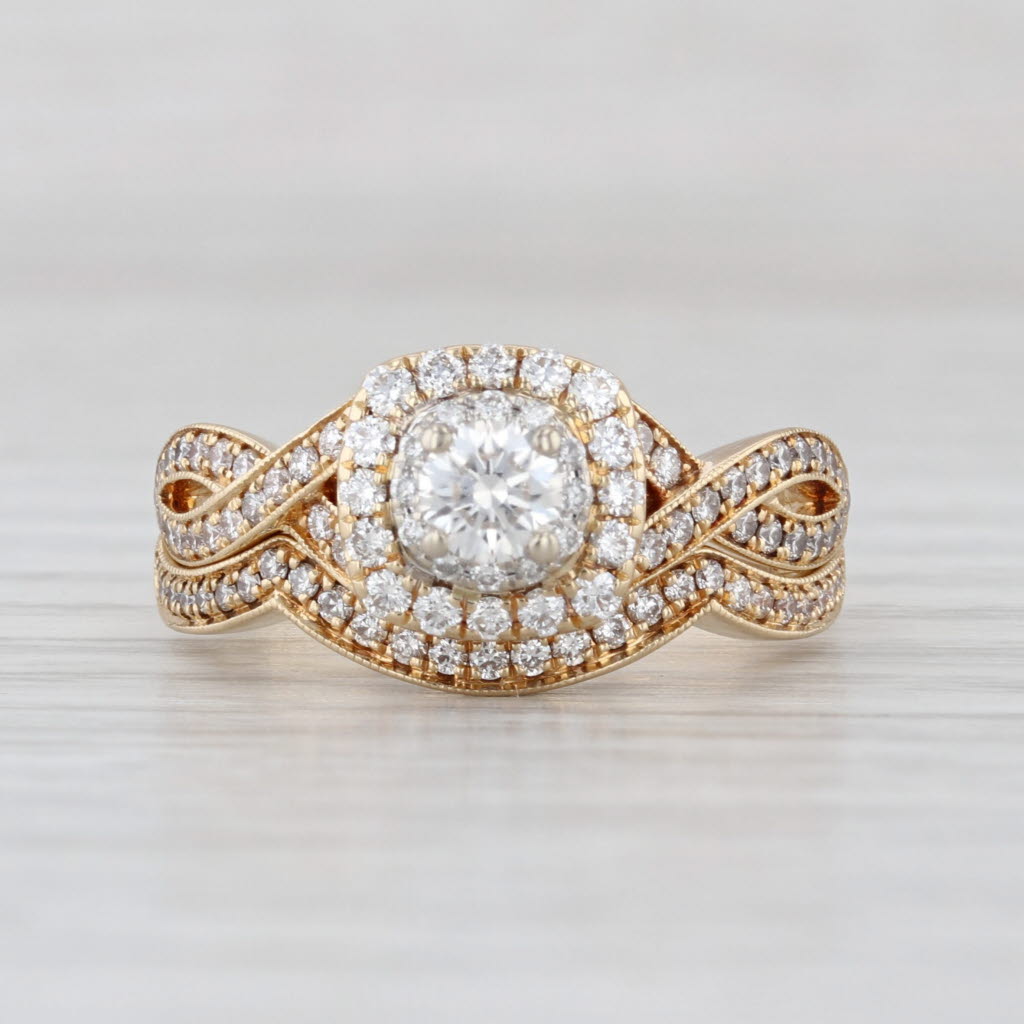 0.93ctw Diamond Halo Engagement Ring Contoured Wedding Band 14k Gold Neil Lane