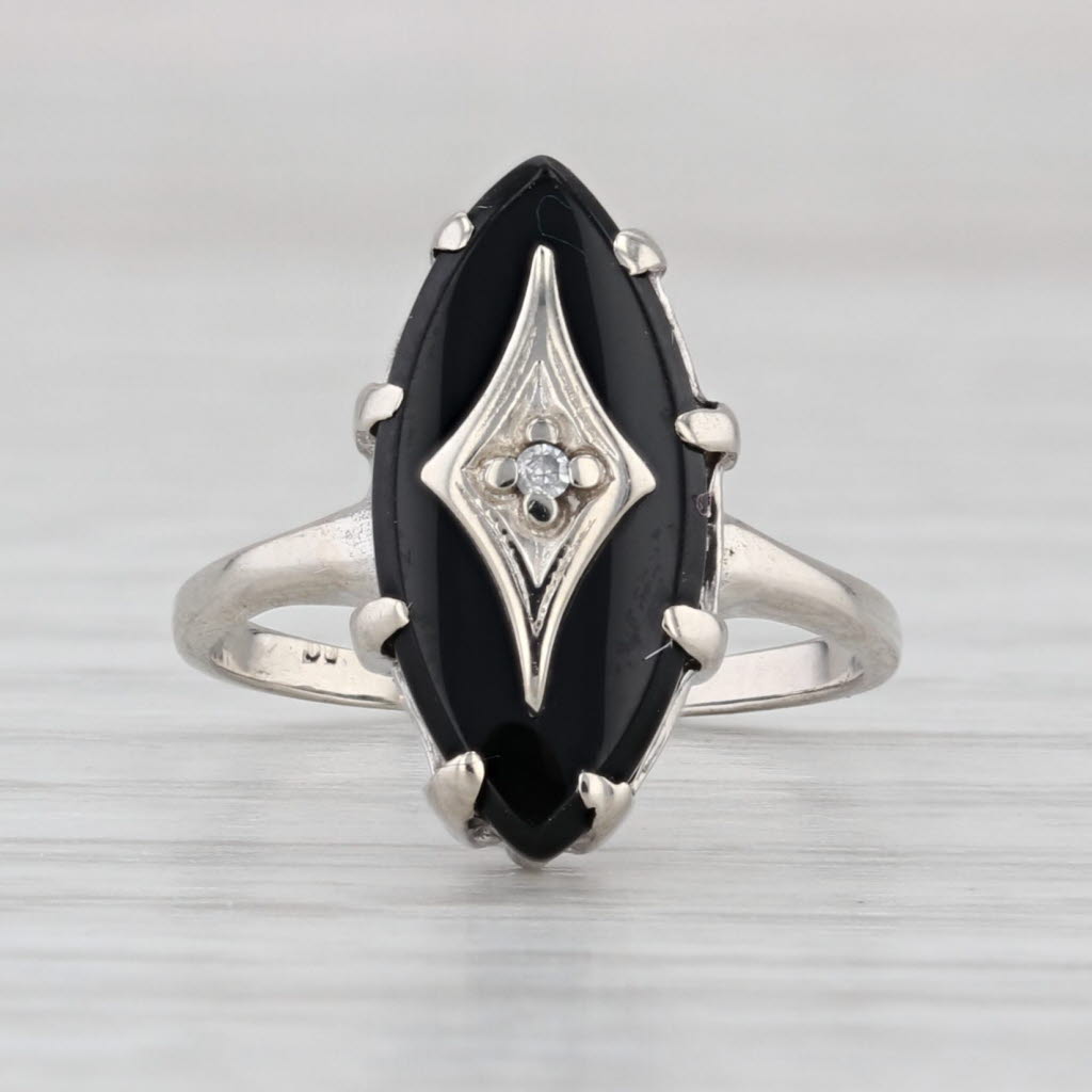 Vintage Onyx Diamond Signet Ring 10k White Gold Size 3