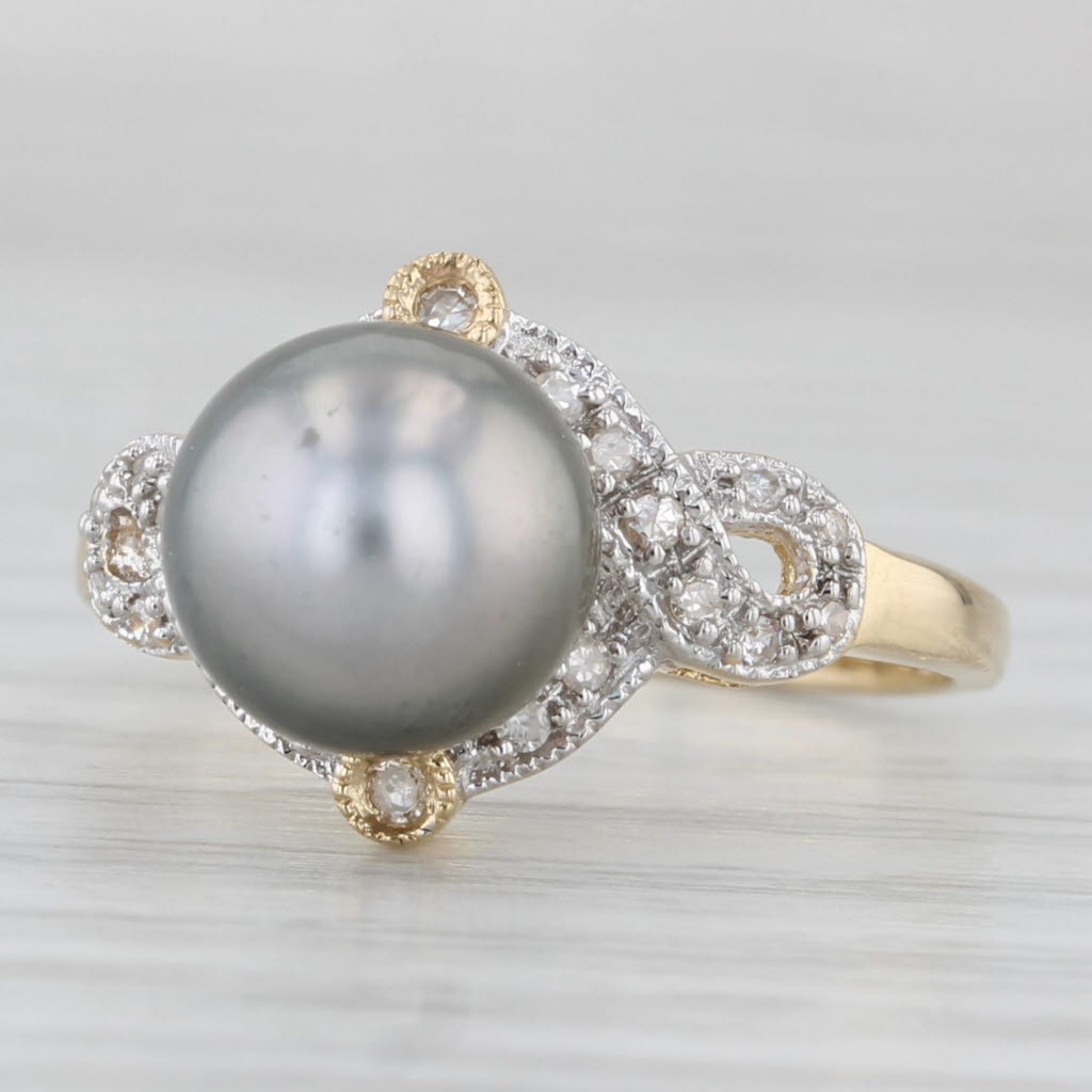 Light Gray Cultured Black Pearl Diamond Ring 14k Yellow Gold Size 6.25