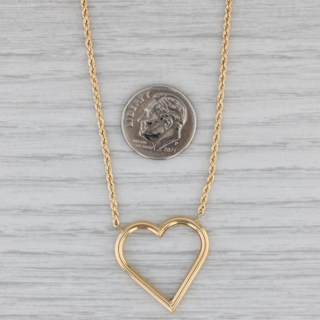 Gray Heart Station Pendant Necklace 14k Yellow Gold 18" Rope Chain