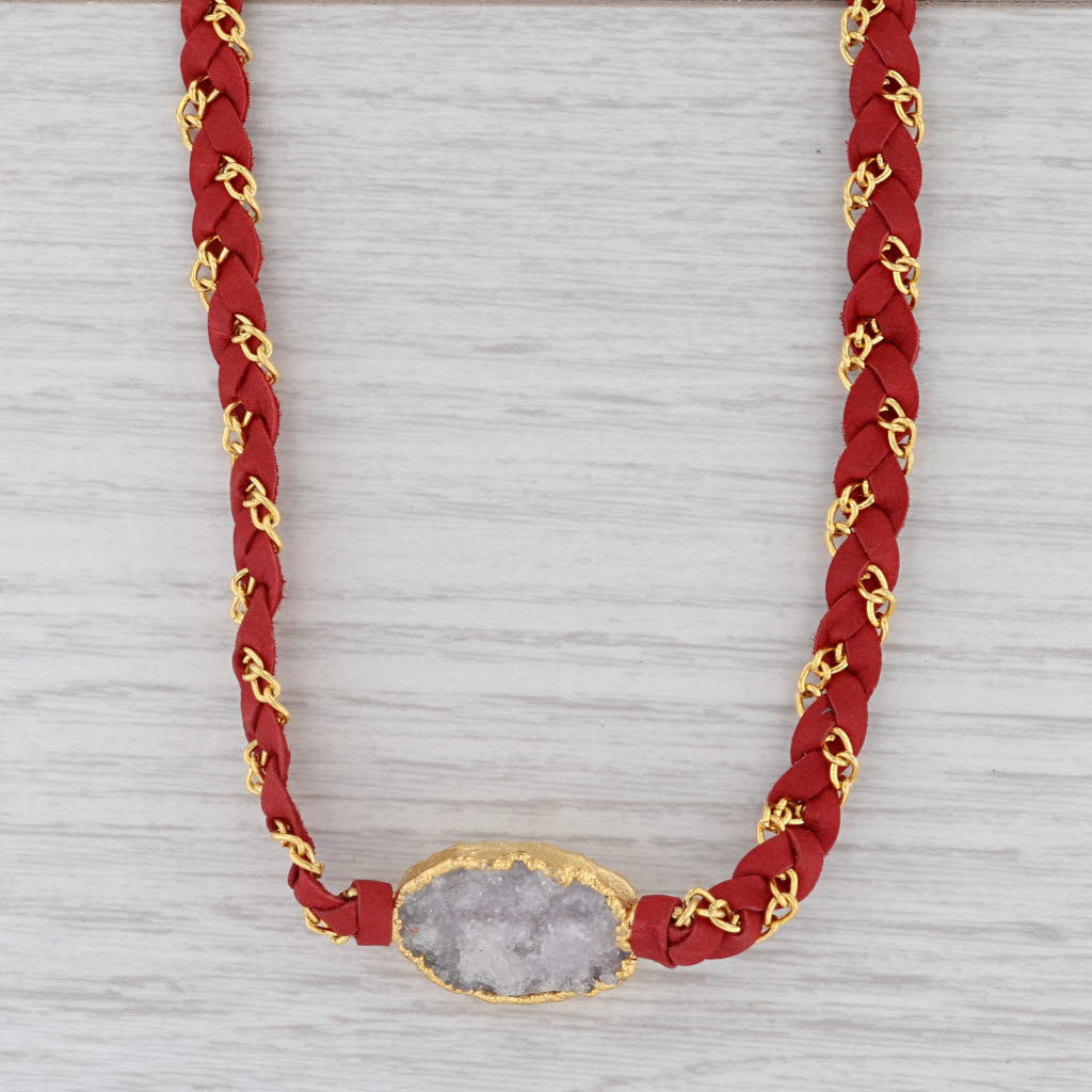 New Cordelia Nina Wynn Necklace Gold Vermeil Red Woven Leather White Druzy