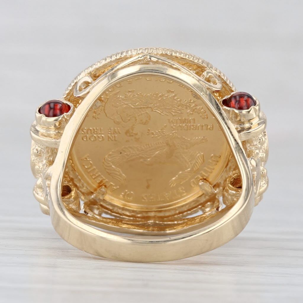 2002 American Gold Eagle Coin Ring 14k 22k Gold 1/10oz $5 Garnets Size 7.25
