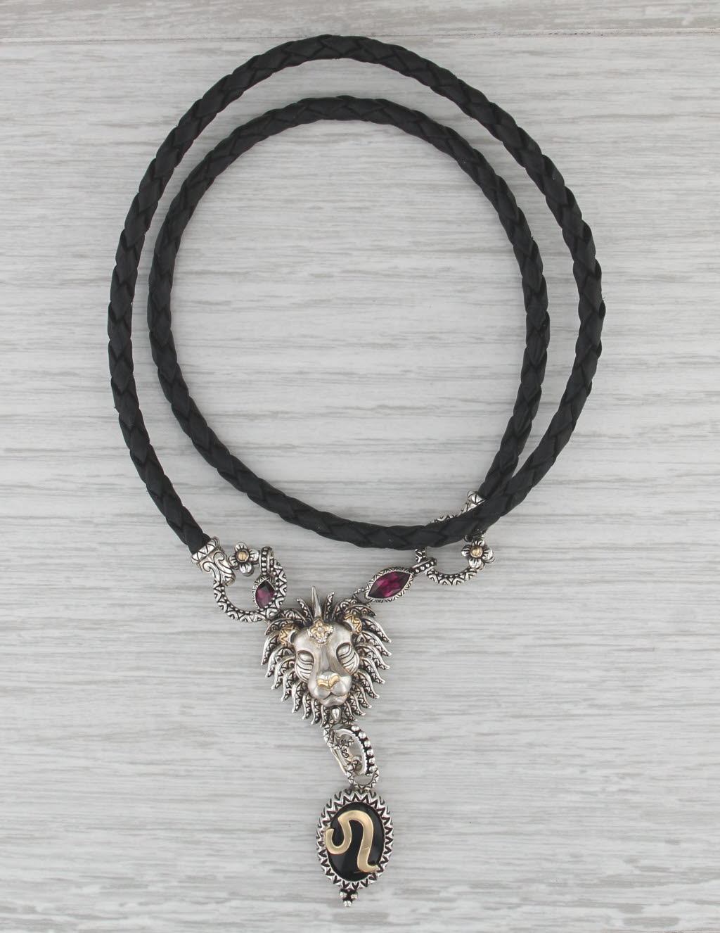 Bixby Onyx Zodiac Sign Leo Lion Pendant Necklace Sterling Silver 18k Gold Cord