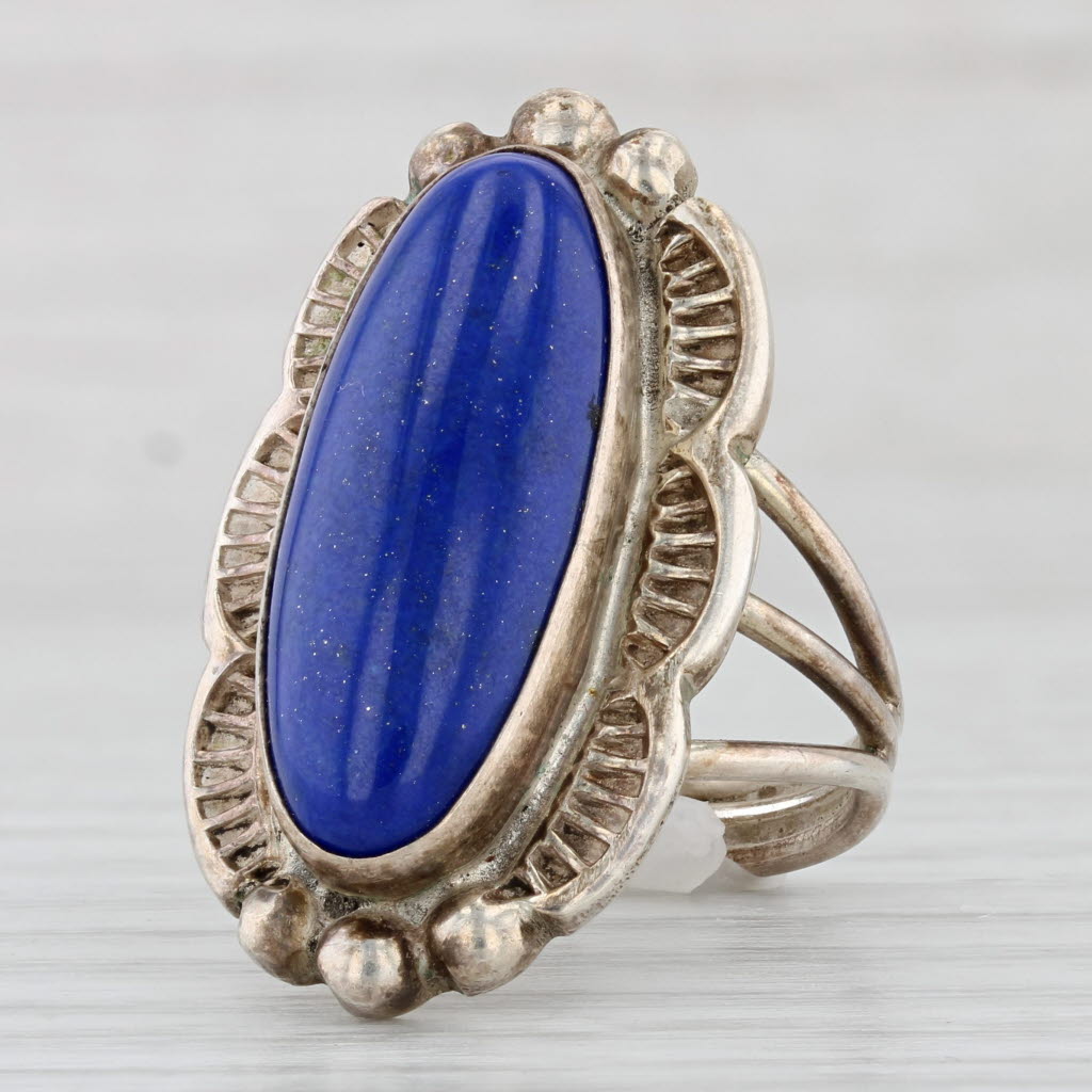 Light Gray Native American Oval Lapis Lazuli Ring sterling Silver Vintage Signed Size 8.5