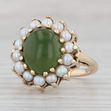 Gray Green Nephrite Jade Cultured Pearl Halo Ring 14k Yellow Gold Size 4.5