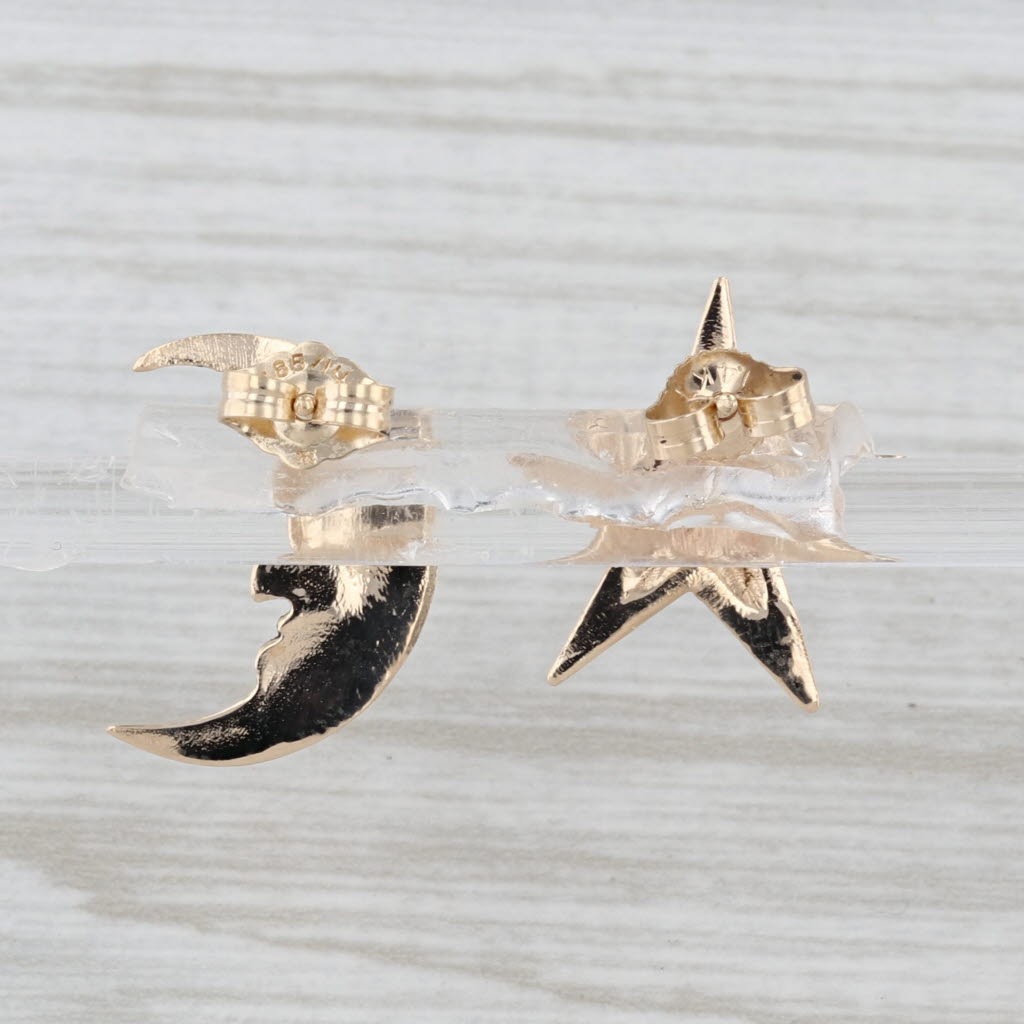 Moon & Star Stud Earrings 14k Yellow Gold Celestial Studs Moon w/ Face