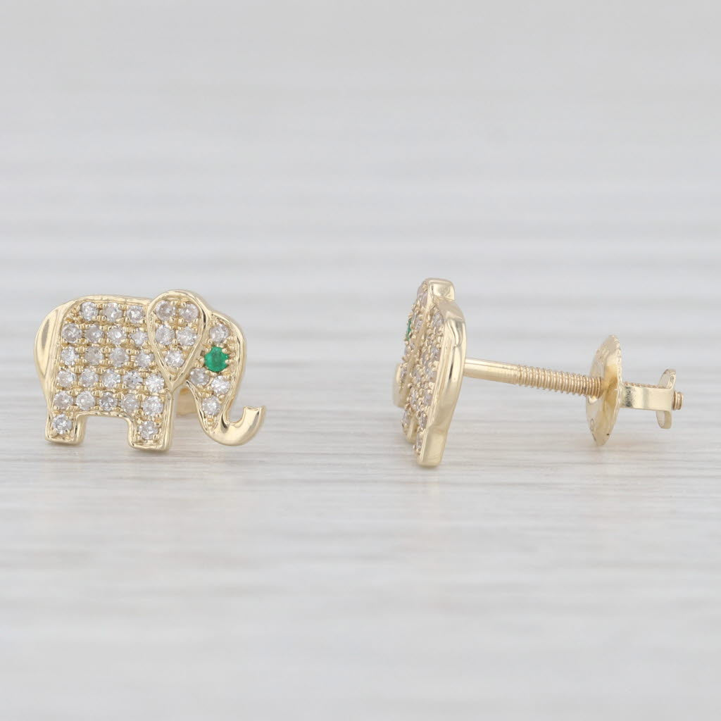 Light Gray New 0.20ctw Diamond Emerald Elephant Stud Earrings 10k Yellow Gold