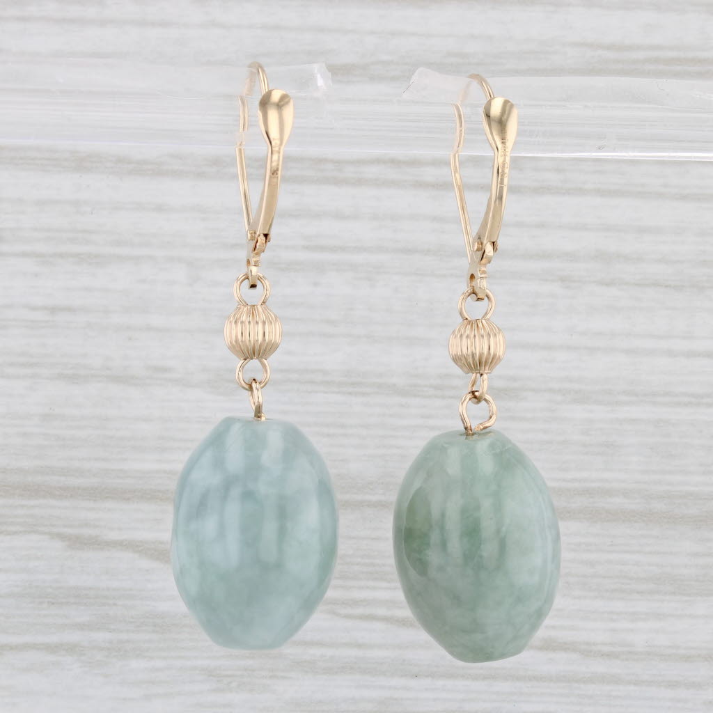 Light Gray Jadeite Jade Bead Dangle Earrings 14k Yellow Gold Pierced Lever Back Drops