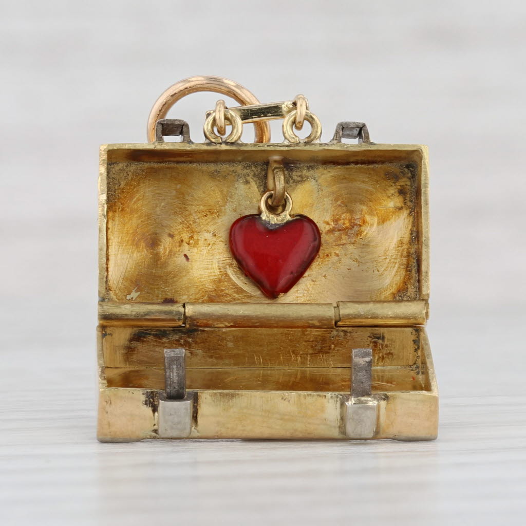 Light Gray Vintage French Suitcase Souvenir Charm 18k Gold Enamel Opens Heart Inside