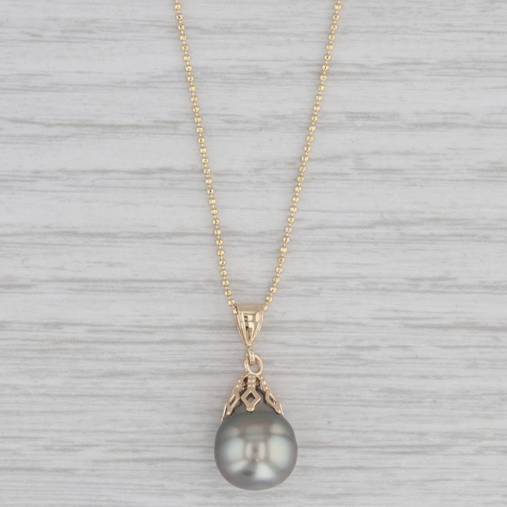 Gray Black Cultured Pearl Drop Pendant Necklace 10k Yellow Gold Bead Chain 17.5"