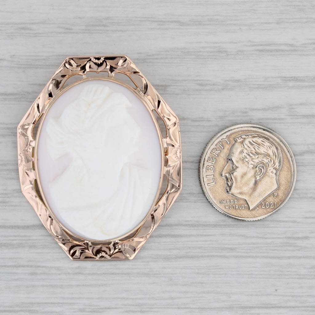 Gray Carved Shell Cameo Brooch Floral 10k Rose Gold Vintage Statement Pin