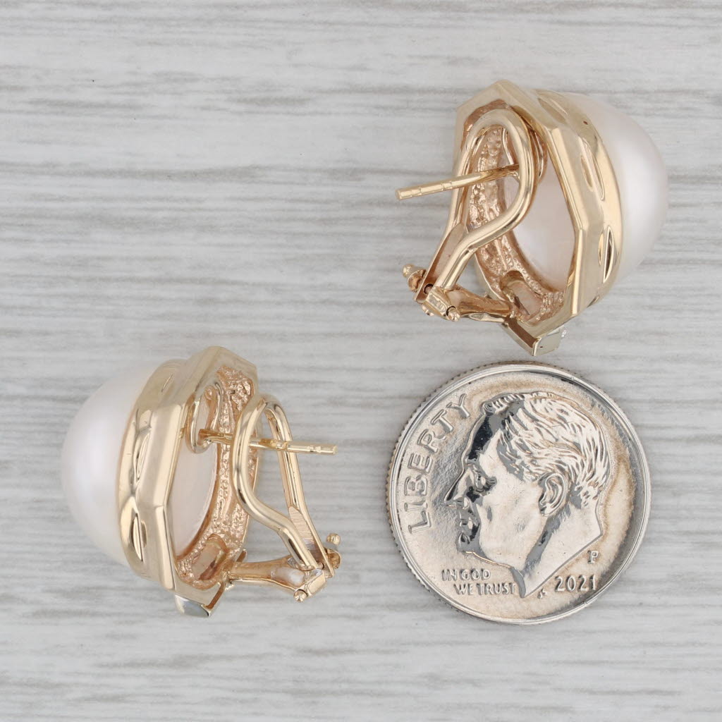 Gray Mabe Cultured Pearl Diamond Stud Earrings 14k Yellow Gold Omega Backs