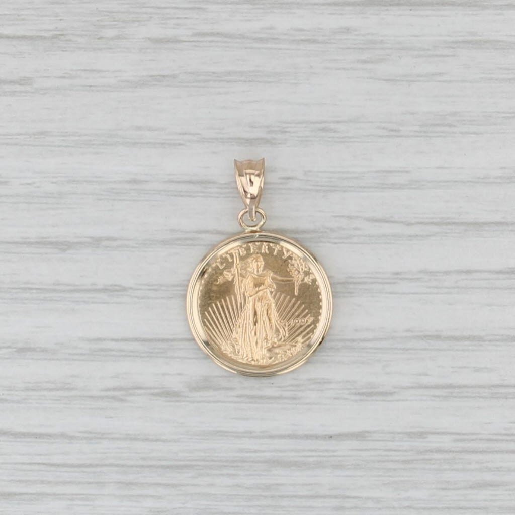 1997 22k Gold American Eagle Coin Pendant 14k Yellow Gold Bezel $5 1/10 oz