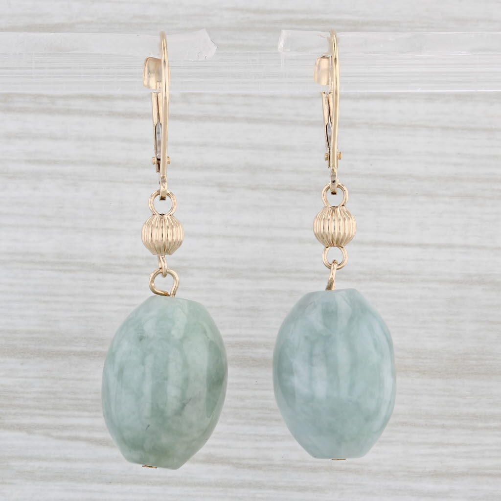 Light Gray Jadeite Jade Bead Dangle Earrings 14k Yellow Gold Pierced Lever Back Drops