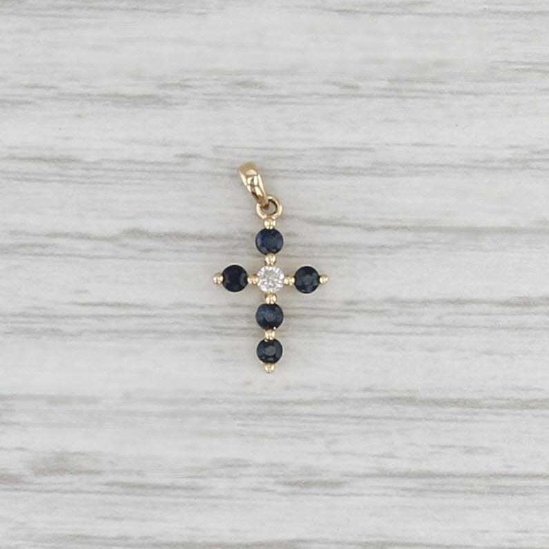 0.26ctw Blue Sapphire Diamond Cross Pendant 14k Yellow Gold Small Drop