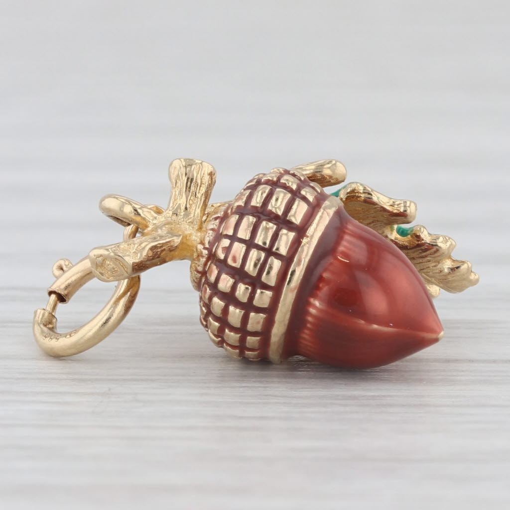 Light Gray Acorn Charm 14k Yellow Gold Enamel Woodland Forest Themed Pendant