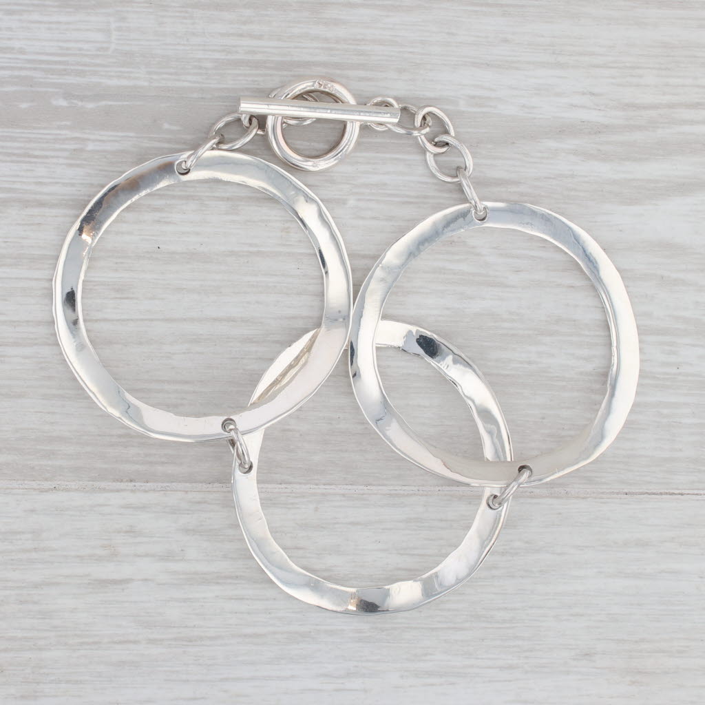 Light Gray Hammered Large Circle Link Statement Bracelet Sterling Silver 7.25"