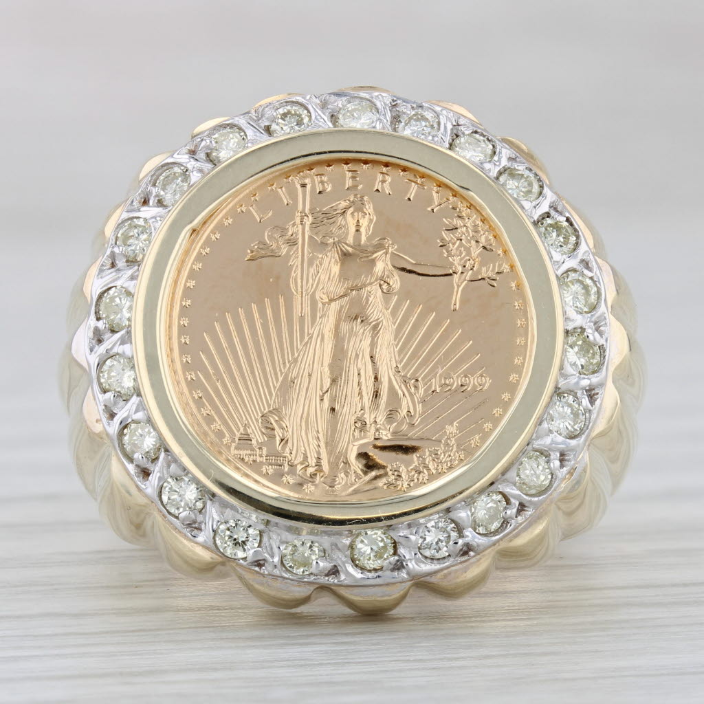 Gray 0.65ctw Diamond Halo American Eagle Coin Ring 10k Gold 22k $5 Size 10 1/10oz