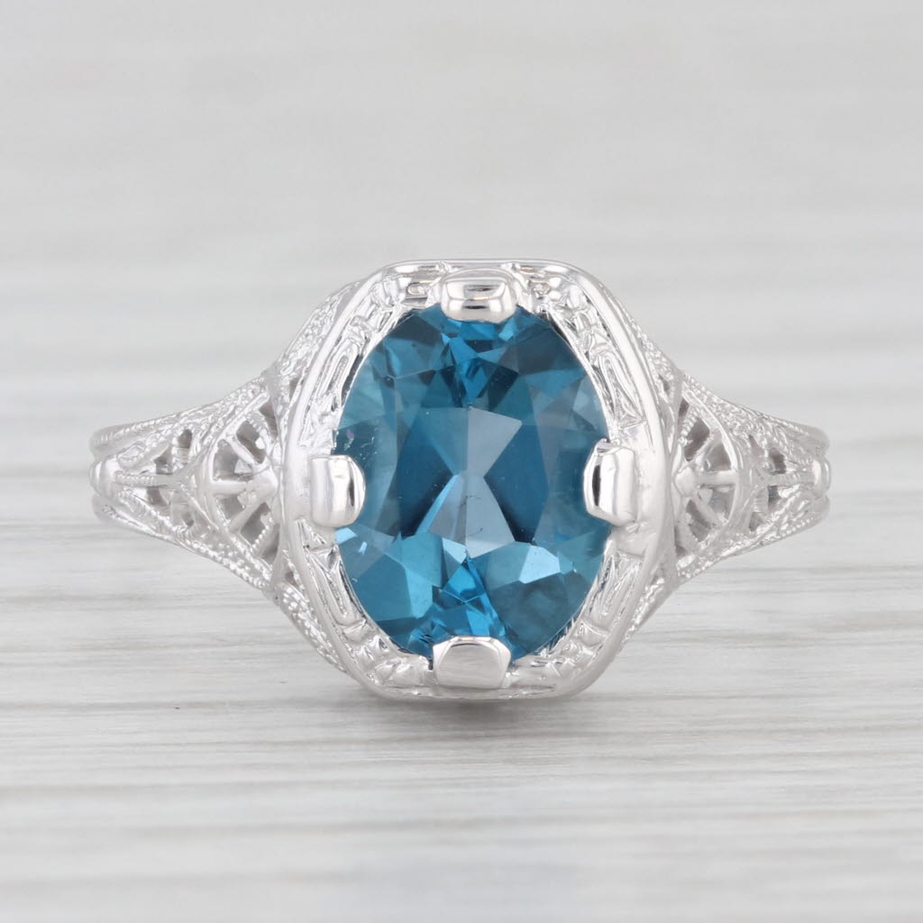 Light Gray Vintage 1.84ct London Blue Topaz Filigree Ring 14k White Gold Sz 7.5 Engagement