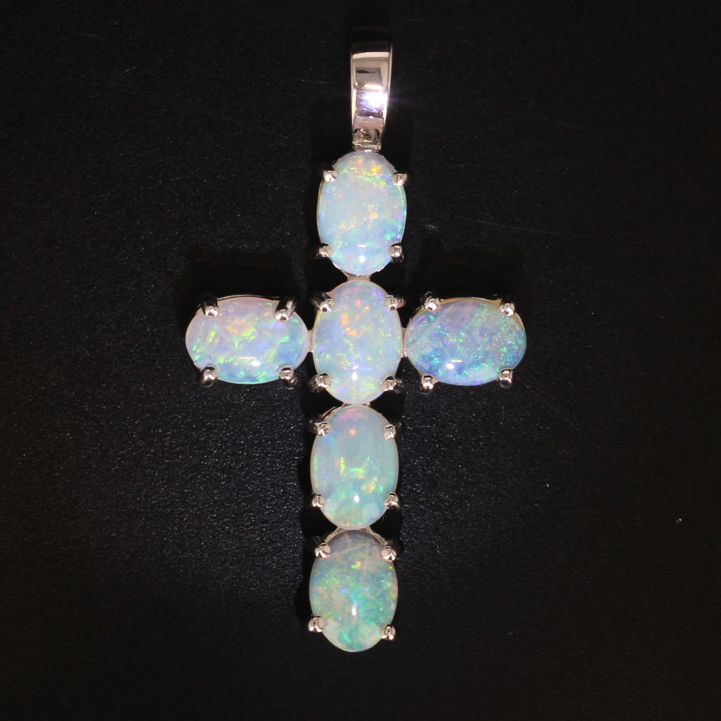 Black Colorful Opal Cross Pendant 14k White Gold