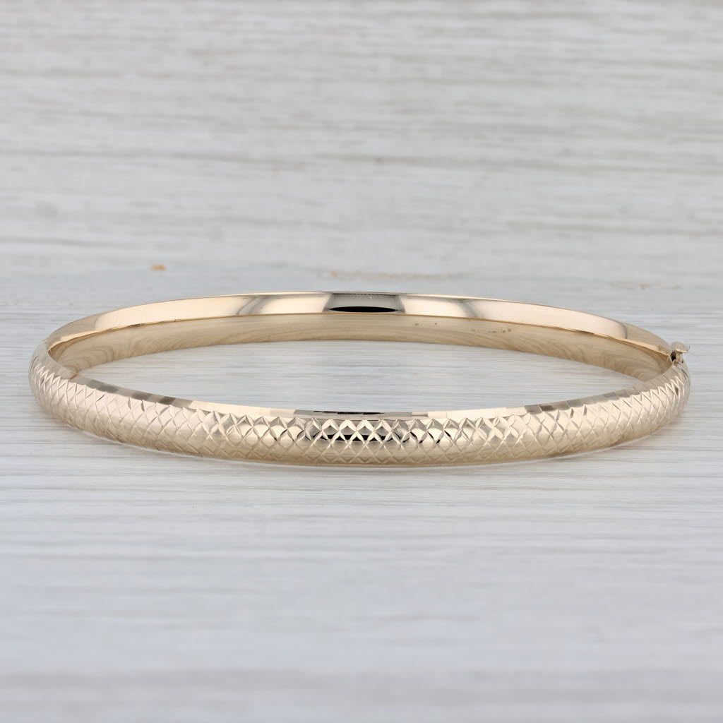 Gray Crosshatch Pattern Bangle Bracelet 14k Yellow Gold 8" 6mm Hinged Snap Clasp