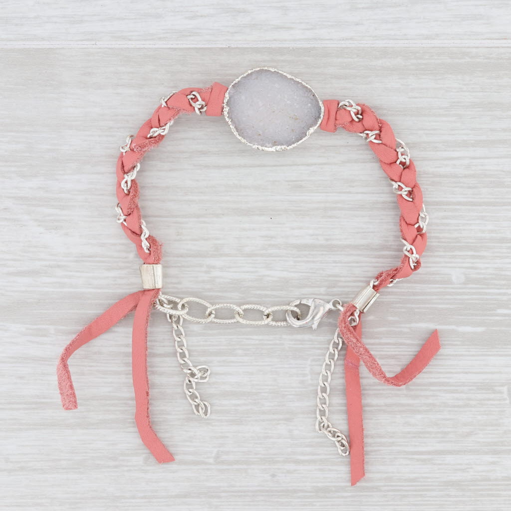 New Nina Wynn Cordelia Bracelet Woven Pink Leather White Druzy Quartz