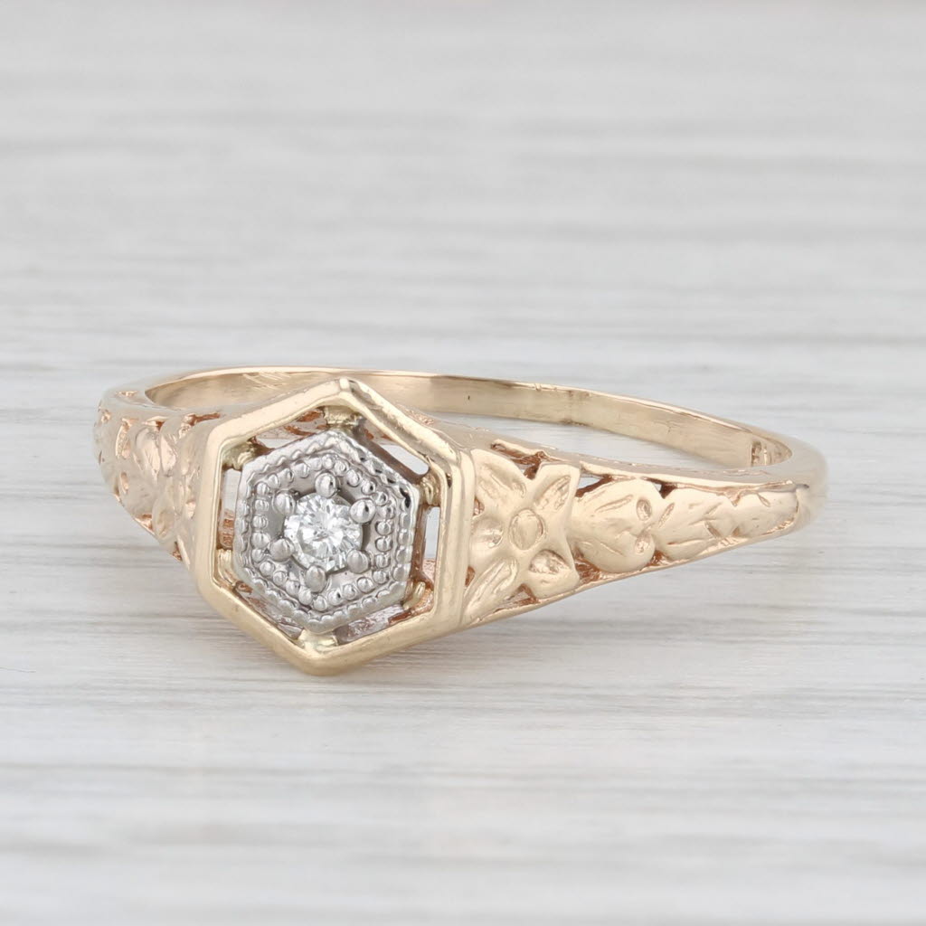 Light Gray Vintage Diamond Solitaire Floral Ring 10k Gold Size 8.5 Engagement Style