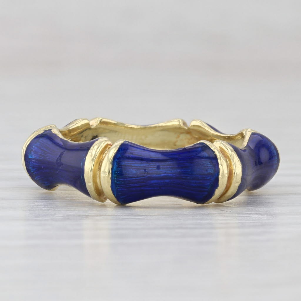 Rare Tiffany & Co Blue Enamel Bamboo Band Stackable Ring 18k Yellow Gold Sz 8.5