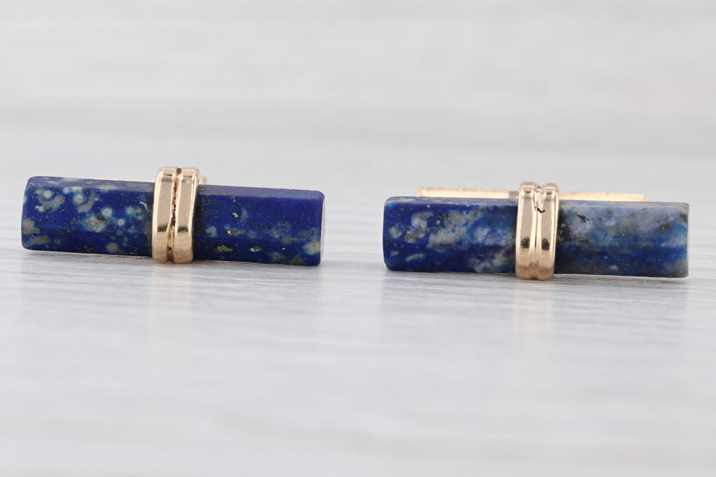 Vintage Lapis Lazuli Cufflinks 14k Yellow Gold Blue Stone Bar Men's Accessory