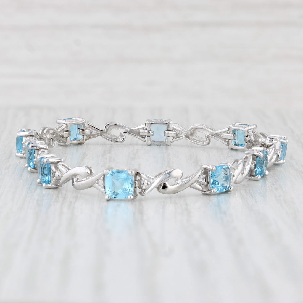 Light Gray 7.50ctw Blue Topaz Bracelet 10k White Gold Diamond Accents 7" 5.5mm