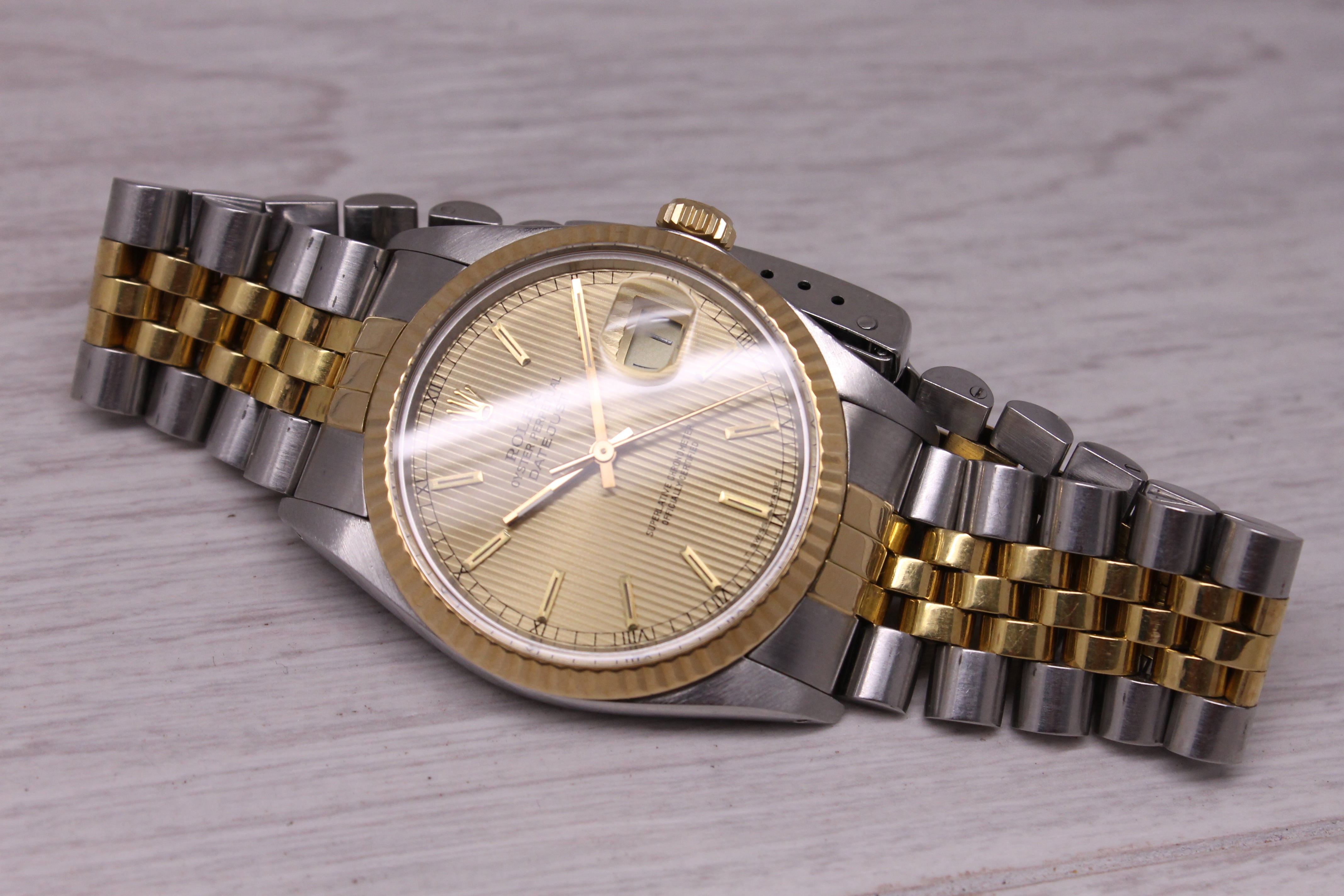 Vintage 1987 Rolex Datejust 16013 18k Steel Automatic Watch Tapestry Dial w Tag