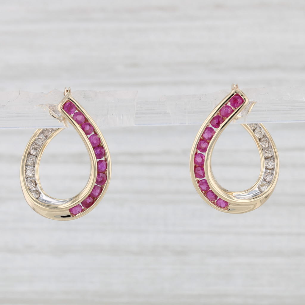 Light Gray 1.24ctw Ruby Diamond Hoop Earrings 14k Yellow Gold Snap Top Hoops