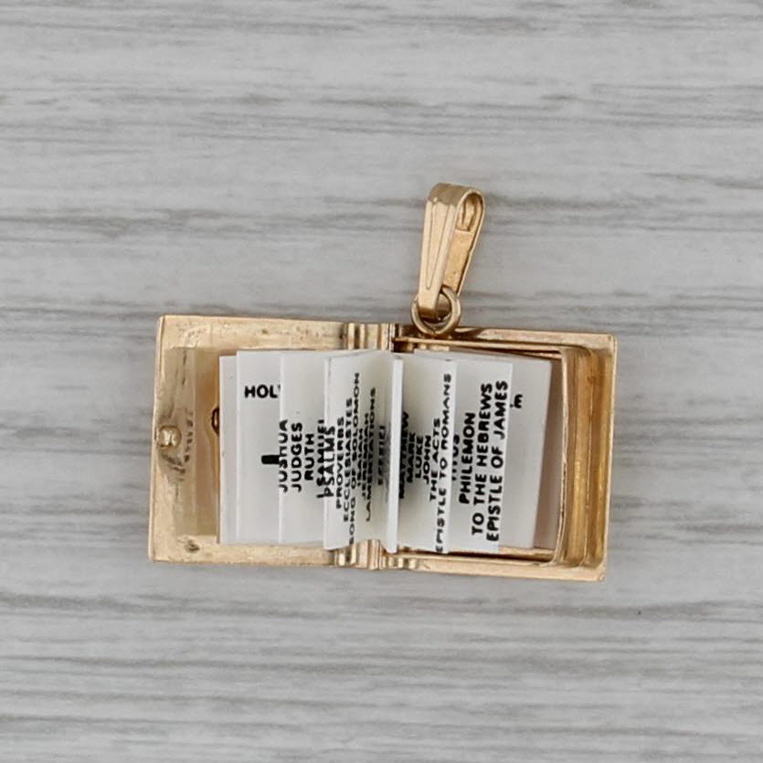 Bible Pendant 14k Yellow Gold Opens List of Books Cross Engravable