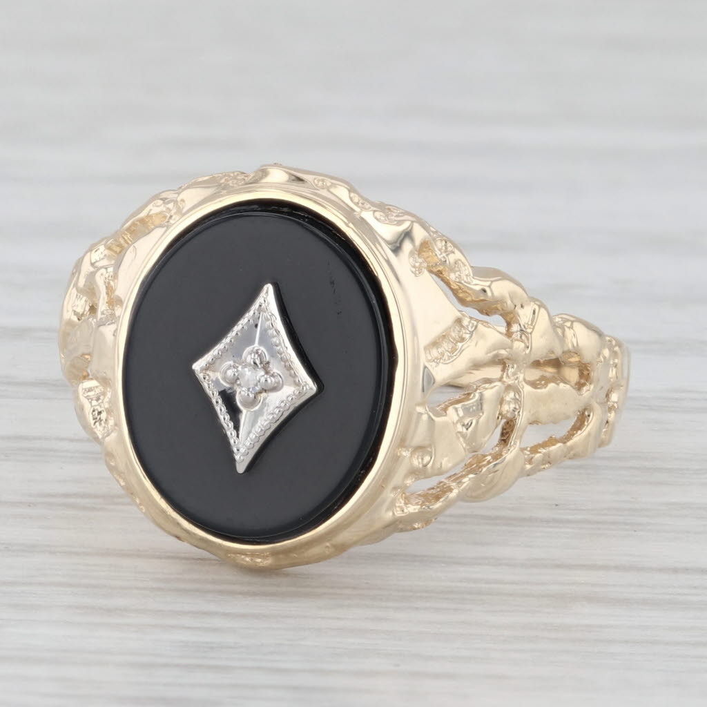 Light Gray Onyx Diamond Signet Nugget Ring 10k Yellow Gold Size 10 Men's