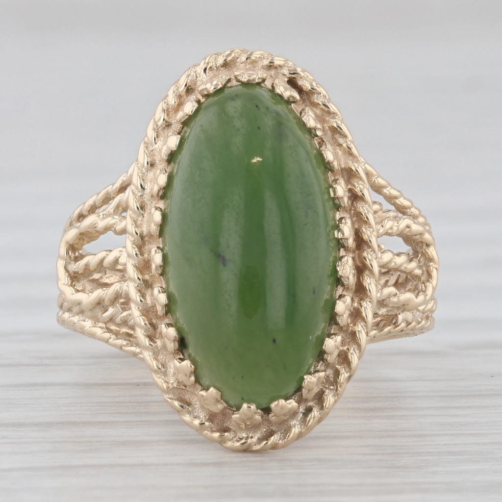 Gray Vintage Green Nephrite Jade Oval Cabochon Ring 10k Yellow Gold Size 6