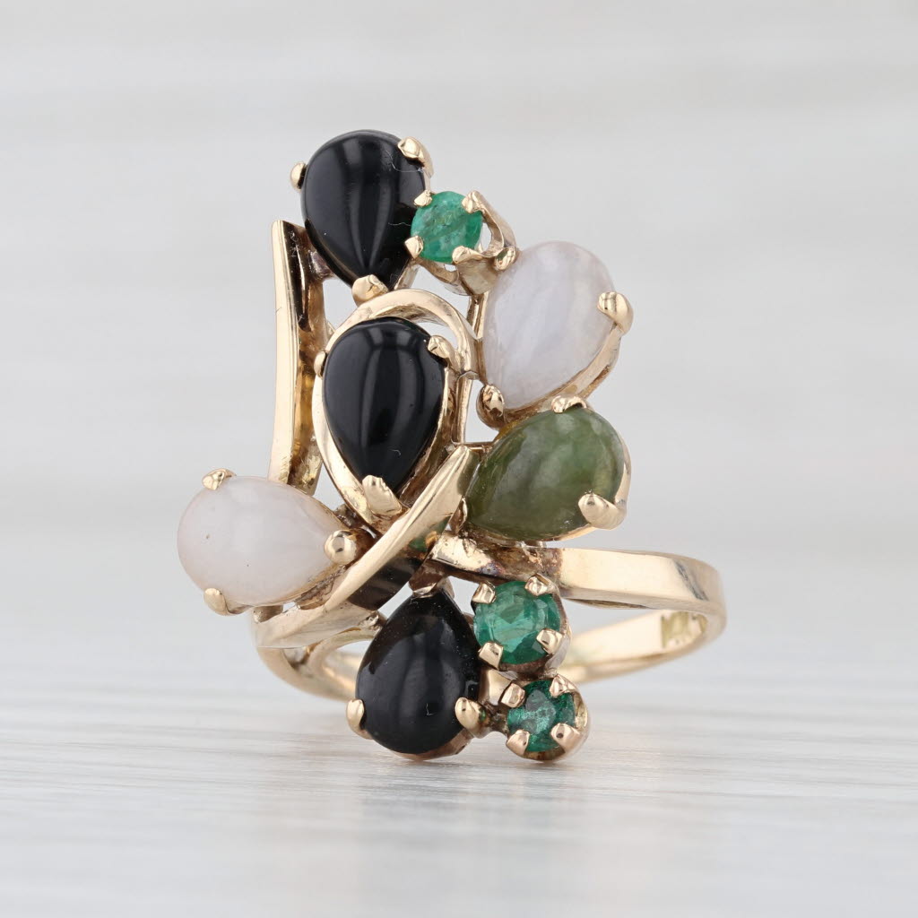 Jade Emerald Onyx Cabochon Cocktail Ring 14k Yellow Gold Size 4