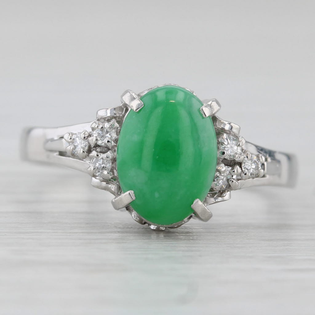 Light Gray Green Oval Cabochon Jadeite Jade Diamond Ring 900 Platinum Size 7.5