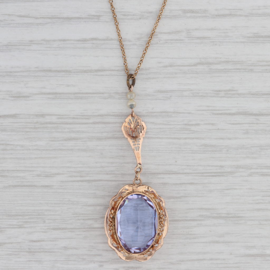 Gray Antique Purple Glass Lavalier Filigree Pendant Necklace 10k Gold 19" Chain