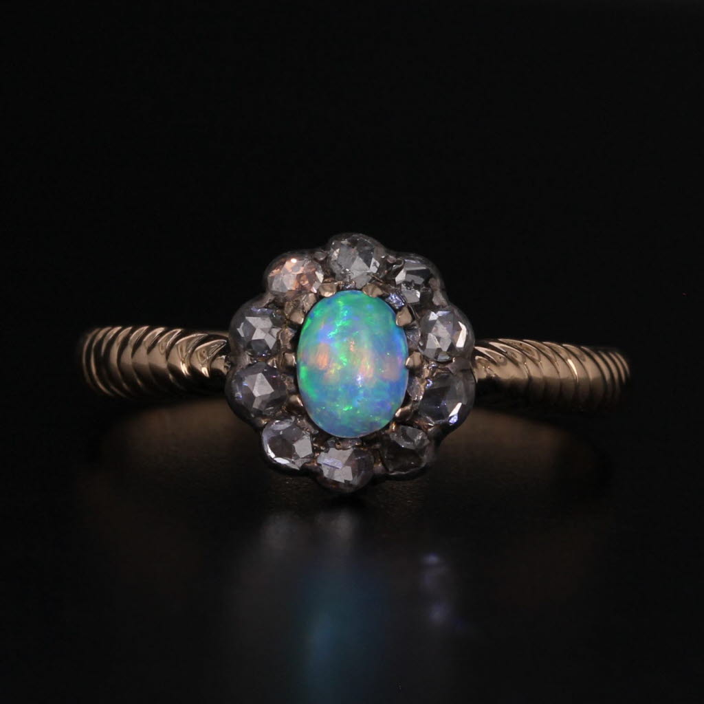 Black Antique Opal Diamond Halo Ring 14k Yellow Gold Silver Top Size 6