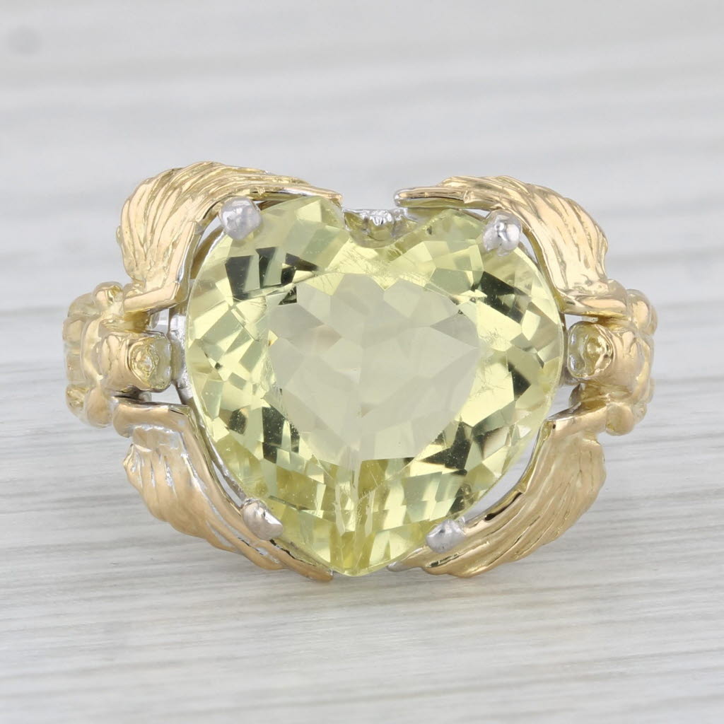 Light Gray 4.40ct Green Yellow Quartz Heart Ring 14k 18k Gold Size 6.75