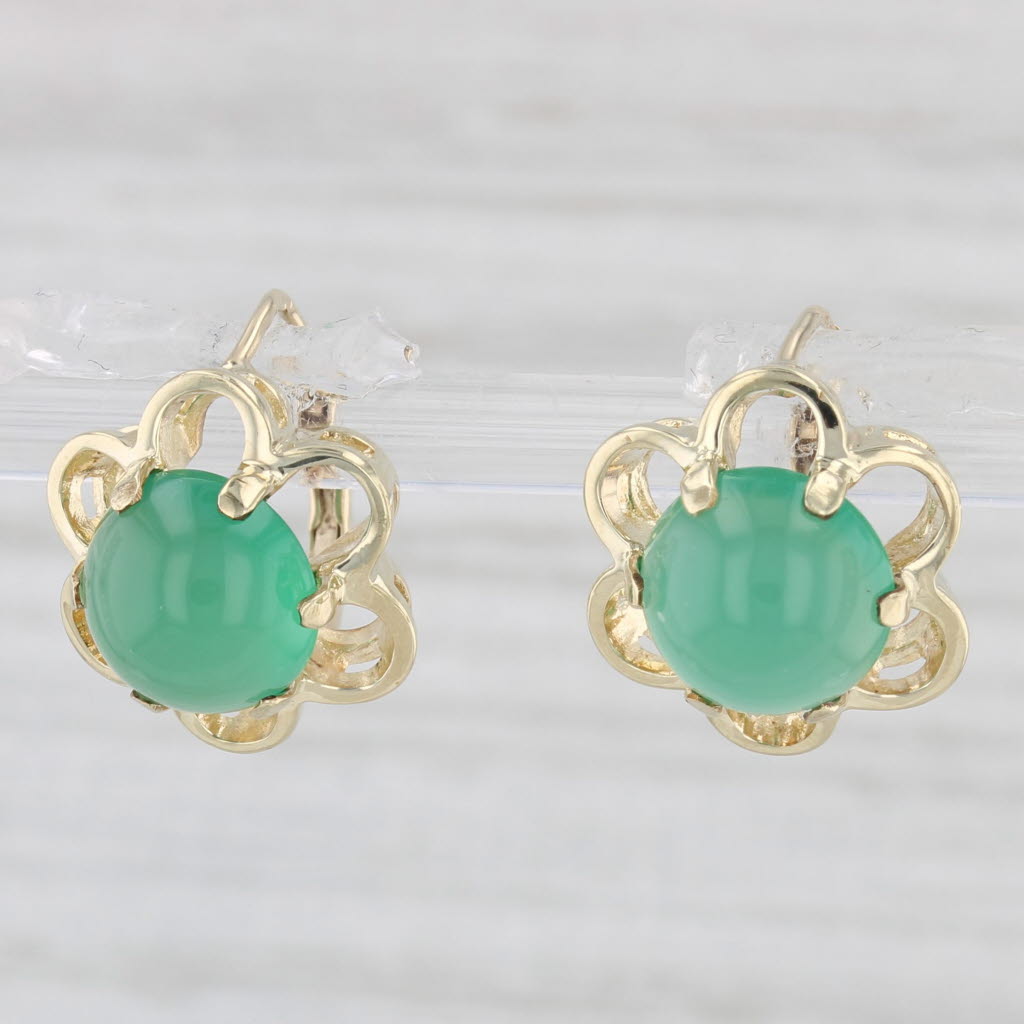 Light Gray Vintage Green Chalcedony Flower Stud Drop Earrings 14k Yellow Gold Lever Backs