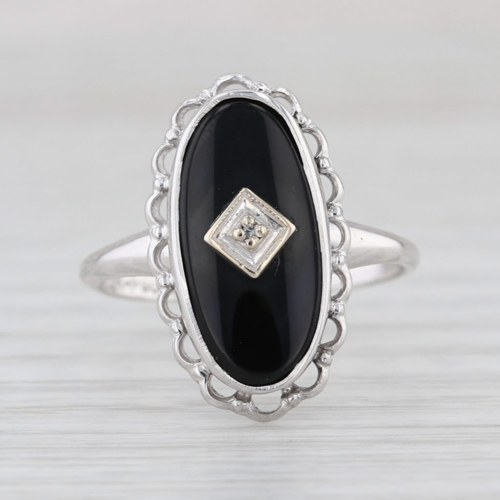 Vintage Onyx Diamond Signet Ring 10k White Gold Size 7