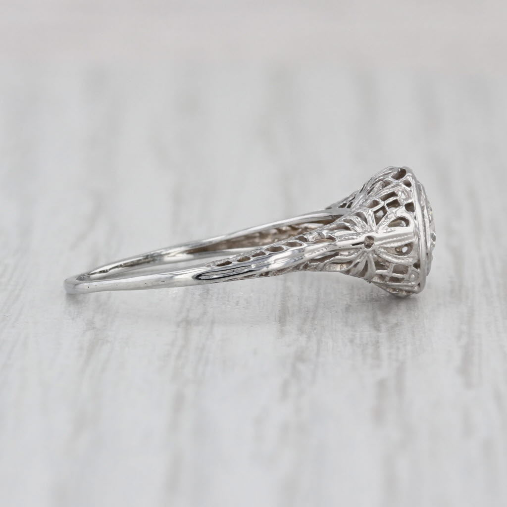 Art Deco 0.25ct Diamond Solitaire Engagement Ring 18k White Gold Floral Filigree