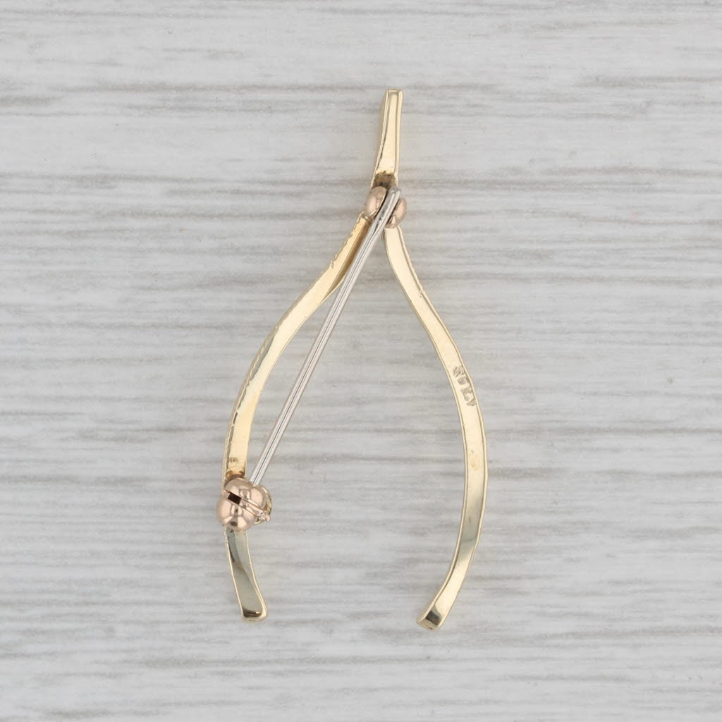 Gray Diamond Accent Wishbone Brooch 14k Yellow Gold Pin Good Luck